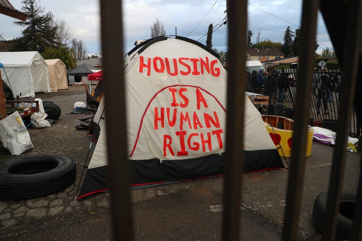 A tent at a homeless encampment in Oakland, California. 