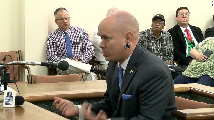 Emergency medical technician Alex McNabb, who was suspended from his job after reports of his neo-Nazi podcast, at a meeting of the Patrick County board of supervisors.