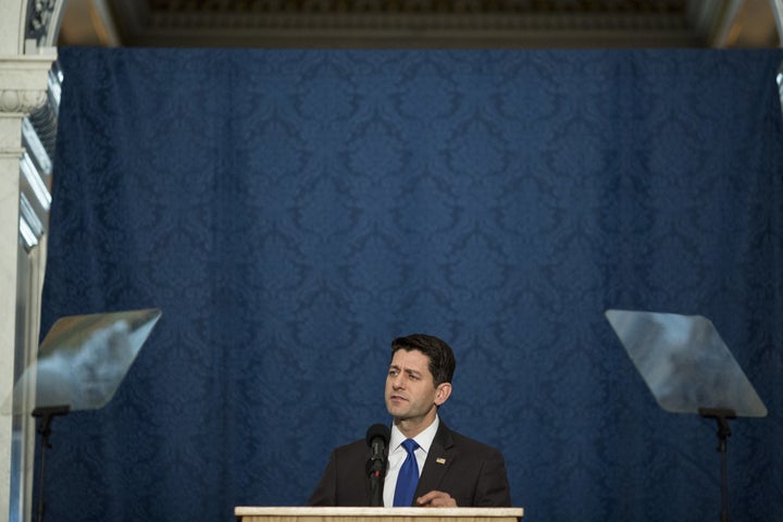 Rep. Paul Ryan delivers a farewell address at the Library of Congress in Washington on Dec. 19. Retiring after three years as speaker of the House, he repeated calls he has made for reform on debt, immigration and poverty.