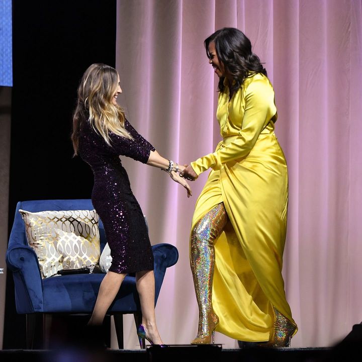 Former first lady Michelle Obama discusses her book "Becoming" with Sarah Jessica Parker at Barclays Center on Dec.19 in New York City.