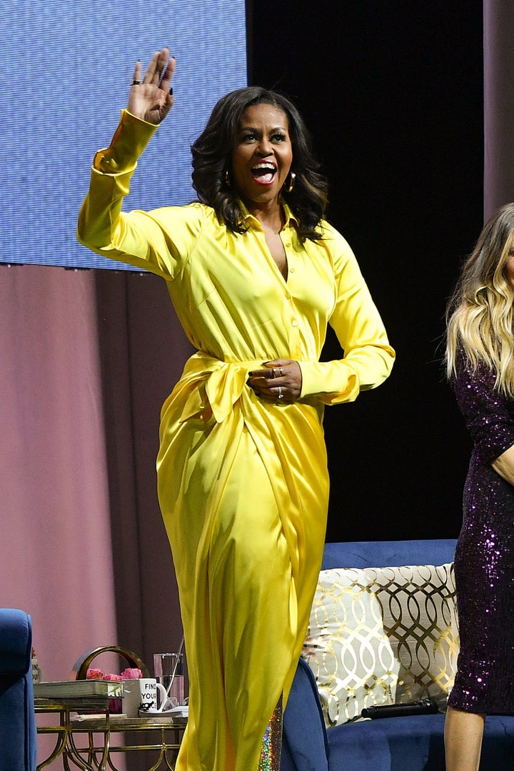 Michelle obama in outlet yellow dress and boots