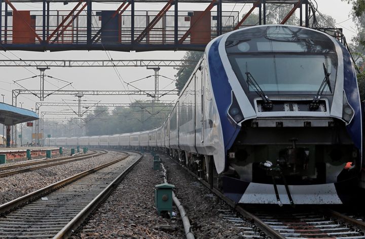 India's first engine-less semi-high-speed train named "Train 18" seen at Safdarjung railway station in New Delhi, on 14 November 2018. 