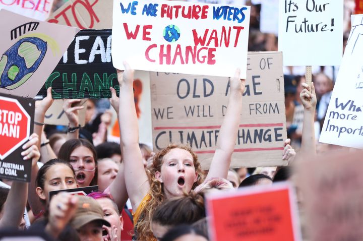 Inspired by Greta Thunberg, a 15-year-old Swedish student who led a strike outside Swedish parliament, Australian students gather in Sydney to demand the government take action on climate change on Nov. 30, 2018.