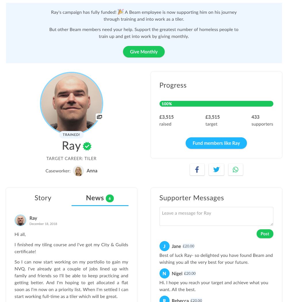 Ray's profile on Beam.org – a new start-up which aims to help the homeless that has received support from the Mayor of London.