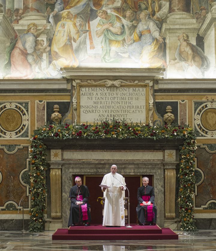 Pope Francis and the Roman Curia during the Christmas greetings at Clementine Hall in Vatican City on Friday. The pope addressed the Roman Catholic Church's sexual abuse crisis in his remarks.