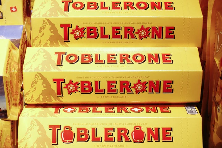 Toblerone chocolate bars, manufactured by Mondelez International Inc., sit on display inside a retailer in Lugano, Switzerland, on Tuesday, Nov. 15, 2016. 