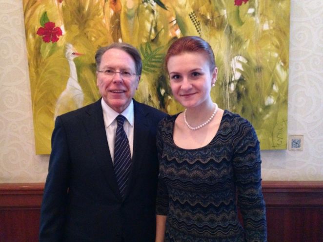 Convicted Russian agent Maria Butina is seen with NRA executive vice president Wayne LaPierre in 2014. The NRA remains under a cloud of scrutiny stemming from a set of still-developing scandals.