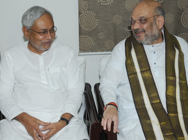 Janata Dal (United) Supremo Nitish Kumar (Left) and BJP President Amit Shah (Right) in a file photo. The Alliance also has Lok Janshakti Party Chief and Cabinet minister Ram Vilas Paswan playing a smaller but significant role. 