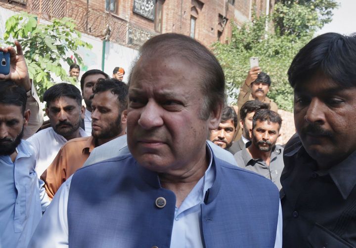 Pakistan's former prime minister Nawaz Sharif arrives to appear in a court in Lahore, Pakistan, on Oct. 8, 2018. 