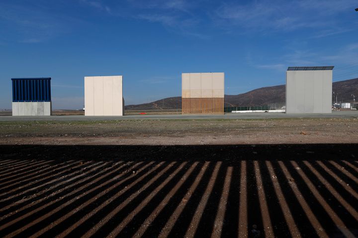 Border wall prototypes stand in San Diego near the Mexico US border, seen from Tijuana, Mexico.