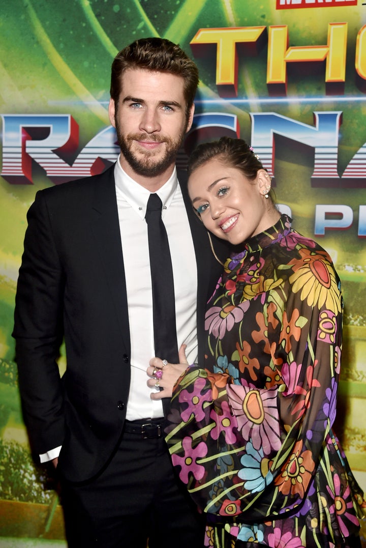 Liam Hemsworth and Miley Cyrus at The World Premiere of Marvel Studios' "Thor: Ragnarok" on Oct. 10, 2017 in Hollywood. 