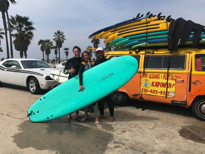 Adam and I in Los Angeles, a city we lived in this past winter, surfing on my 30th birthday.