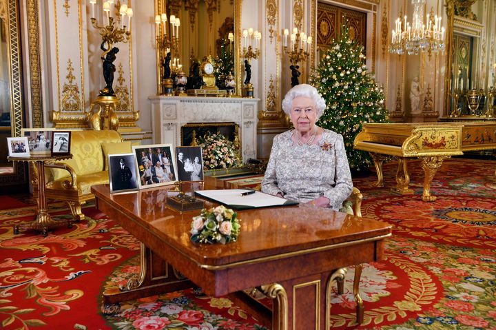 Britain's Queen Elizabeth poses for photos after recording her annual Christmas Day message. 
