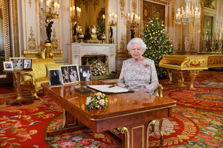 The Queen's Speech was recorded in Buckingham Palace’s White Drawing Room, surrounded by family photos