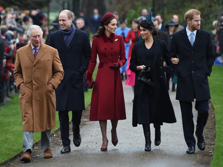 Left to right, the Prince of Wales, the Duke of Cambridge, the Duchess of Cambridge, the Duchess of Sussex and the Duke of Sussex arrive for the Christmas Day service at St. Mary Magdalene Church in Sandringham, England.