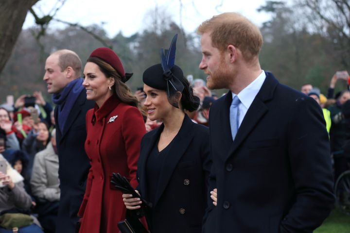 The Duke and Duchess of Cambridge and the Duke and Duchess of Sussex arrive to attend the Christmas morning church service at St Mary Magdalene Church in Sandringham, Norfolk.