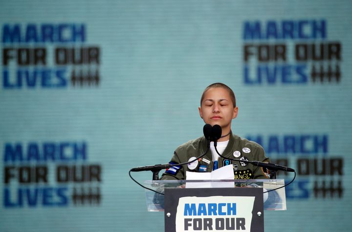 At a rally for gun control in Washington, D.C., in March, Emma Gonzalez, a survivor of the shooting at Marjory Stoneman Douglas High School in Parkland, Florida, stands silently for the amount of time the shooter went on his rampage. 