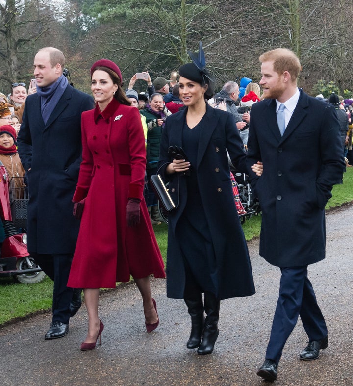  Prince William, Catherine, Duchess of Cambridge, Meghan, Duchess of Sussex and Prince Harry, attend Christmas day churc