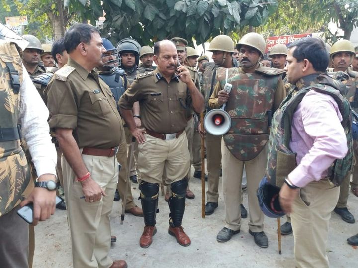 Police in Bulandshahr after mob violence in the area.