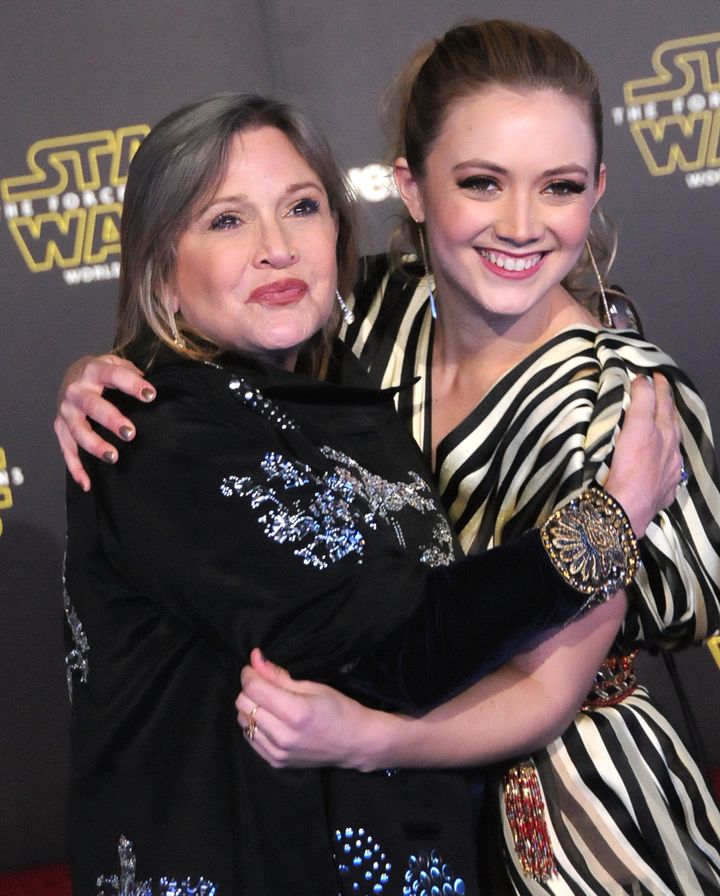 arrie Fisher and daughter actress Billie Lourd attend the premiere of "Star Wars: The Force Awakens" on Dec. 14, 2015 in Hollywood. 