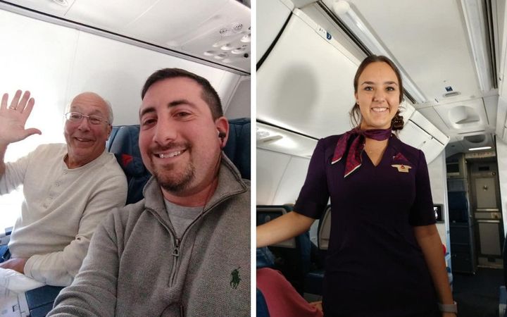 Mike Levy’s pictures from Facebook. Hal Vaughan and Levy sitting in first class and Pierce Vaughan working a flight for Delta.