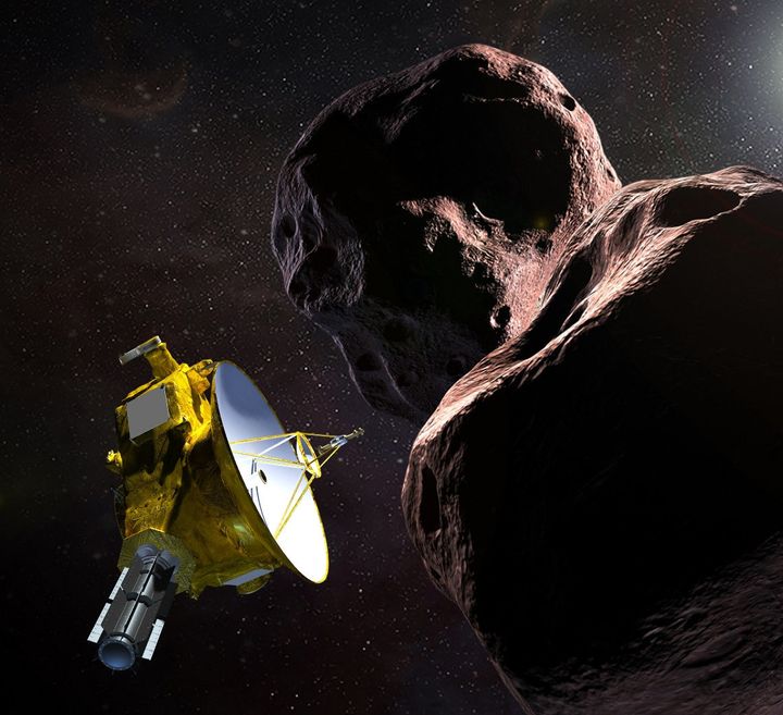 A rendering of the New Horizons probe and the celestial body it is rapidly approaching, Ultima Thule, provided by the Johns Hopkins Applied Physics Laboratory.