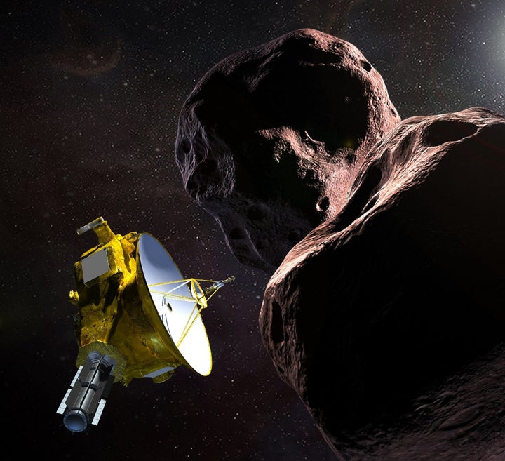 A rendering of the New Horizons probe and the celestial body it is rapidly approaching, Ultima Thule, provided by the Jo