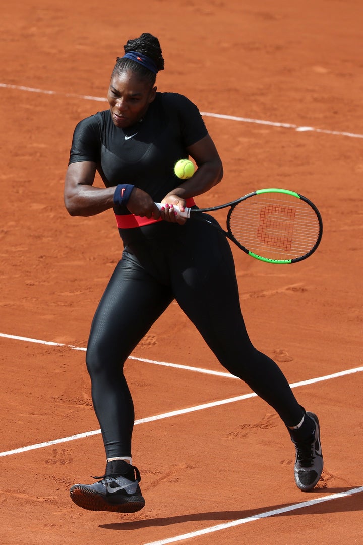 Williams at the French Open at Roland Garros Stadium on June 3 in Paris. She was barred from wearing the catsuit again at the tournament but will be able to play in it next year in Women’s Tennis Association matches.