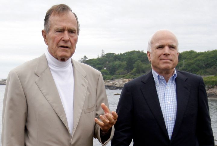Former President George H.W. Bush and Sen. John McCain hold a news conference in July 2008 at the Bush family home in Kennebunkport, Maine.