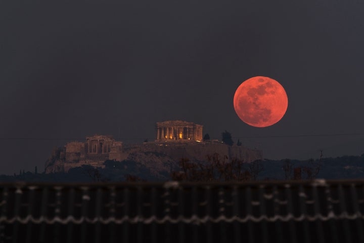 On Jan. 31, 2018, a super blue blood moon rose behind the 2,500-year-old Parthenon on the Acropolis of Athens.