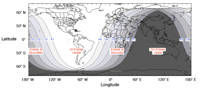 A NASA graph shows the regions of the world where the total lunar eclipse of Jan. 20-21 will be most visible.