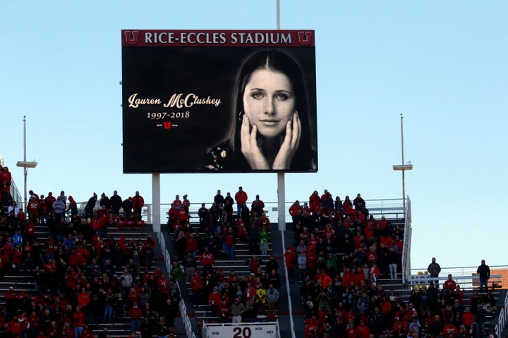 An image of the late student-athlete Lauren McCluskey is projected on the video board at the University of Utah's Rice-Eccles Stadium before the start of an NCAA match on Nov. 10, 2018.