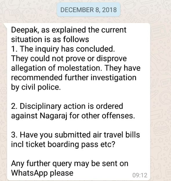 WhatsApp message sent by Brigadier V.T Mathew to the complainant's husband on 8 December.