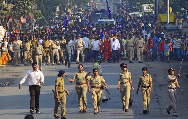 Dalits protesting after violence in Bhima Koregaon earlier this year