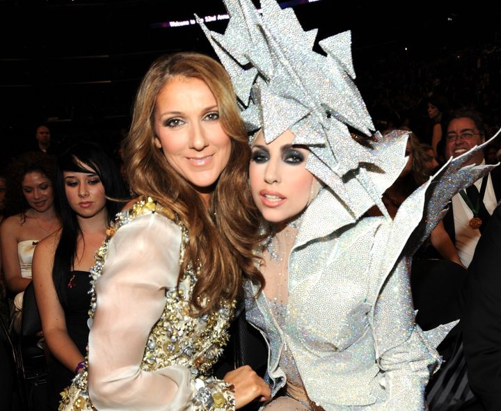 Celine Dion and Lada Gaga pose together backstage at the 52nd annual Grammy Awards. 