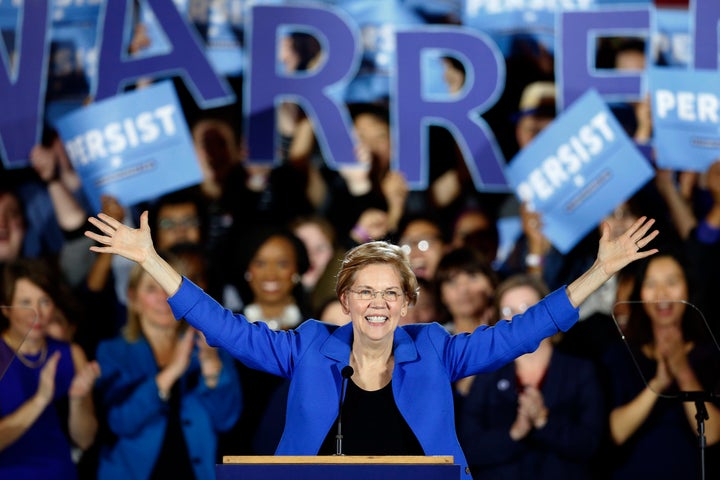 FILE - In this Nov. 6, 2018, file photo, Sen. Elizabeth Warren (D-Mass.) gives her victory speech at a Democratic election watch party in Boston. Even before they announce their White House intentions, New Hampshire’s ambitious neighbors are in the midst of a shadow campaign to shape the nation’s first presidential primary election of the 2020 season. 