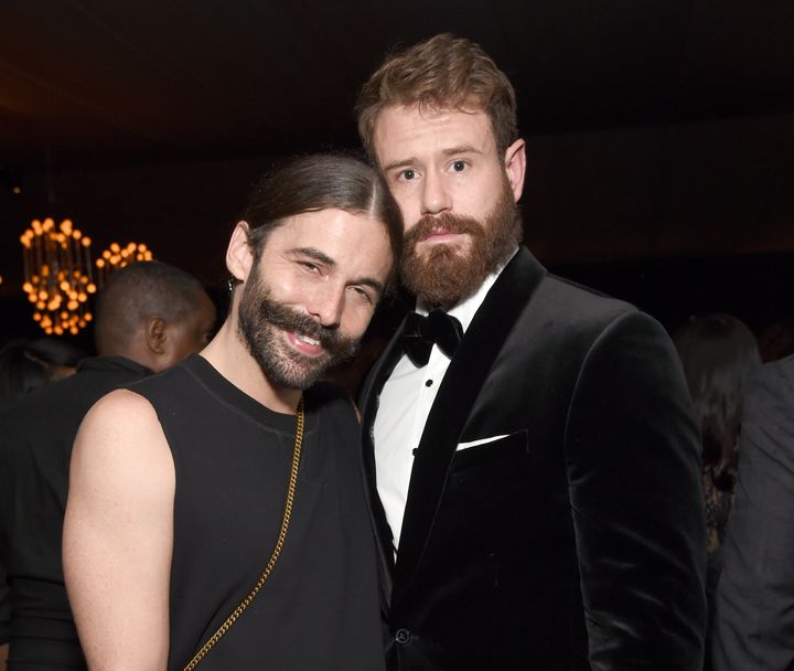 Jonathan Van Ness and Wilco Froneman attend the Netflix Primetime Emmys afterparty in 2018. Van Ness referenced Ariana Grande's song while announcing their breakup on Instagram.