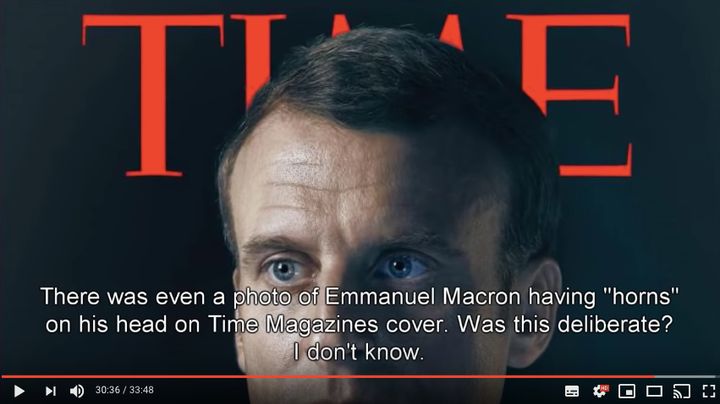 A YouTube-recommended conspiracy theory video with more than 120,000 views argues Emmanuel Macron is the Antichrist, in part because the French leader appeared on a Time magazine cover in which the "M" resembled devil horns on his head.