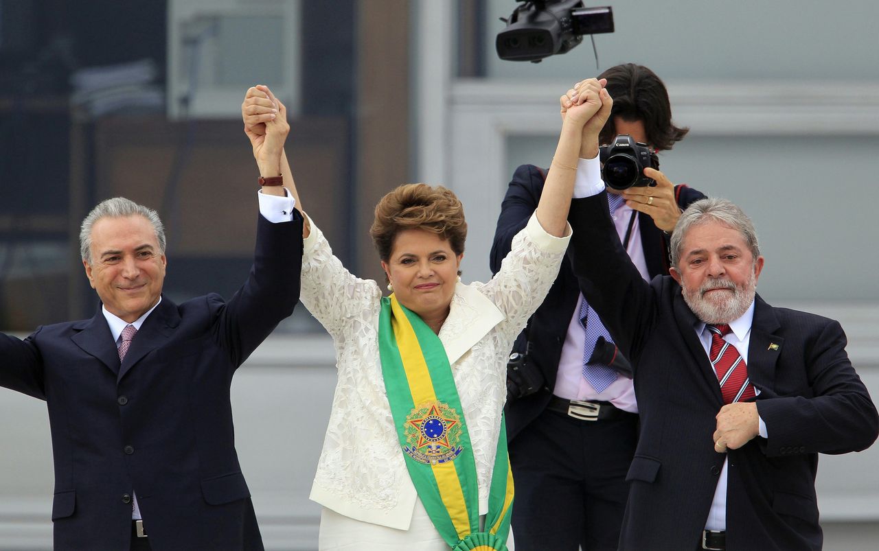 Brazilian President Dilma Rousseff with Vice President Michel Temer, left, and outgoing President Luiz Inácio Lula da Silva, right, on Jan. 1, 2011. Since then, Rousseff has been impeached, Da Silva has been imprisoned and Temer has only narrowly escaped trial on bribery charges.