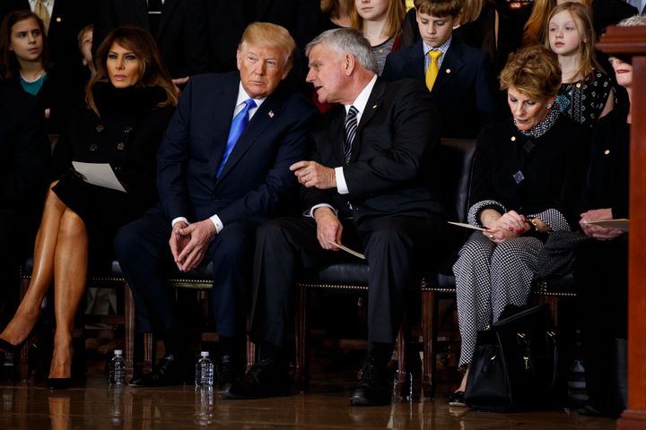 Melania Trump, Donald Trump and Franklin Graham during a ceremony honoring the late Billy Graham in the Rotunda of the U.S. Capitol in February 2018.