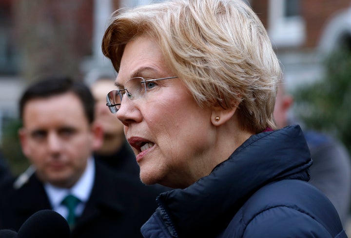 Sen. Elizabeth Warren (D-Mass.) speaks outside her home on Dec. 31, 2018. Warren took the first major step toward launching a widely anticipated campaign for the presidency, hoping her reputation as a populist fighter can help her navigate a Democratic field that could include nearly two dozen candidates.