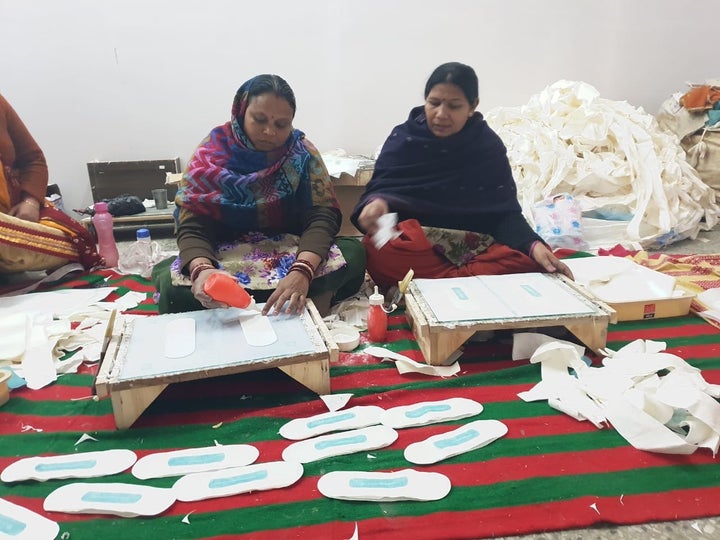 Women manufacturing sanitary napkins under 'Stree Swabhiman' project in village Jamsher in Punjab.