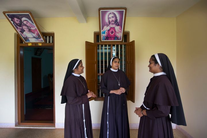 Sister Josephine Villoonnickal, left, sister Alphy Pallasseril, center, and Sister Anupama Kelamangalathu, who have supported the accusation of rape against Bishop Franco Mulakkal talk at St. Francis Mission Home, in Kuravilangad, Kerala.