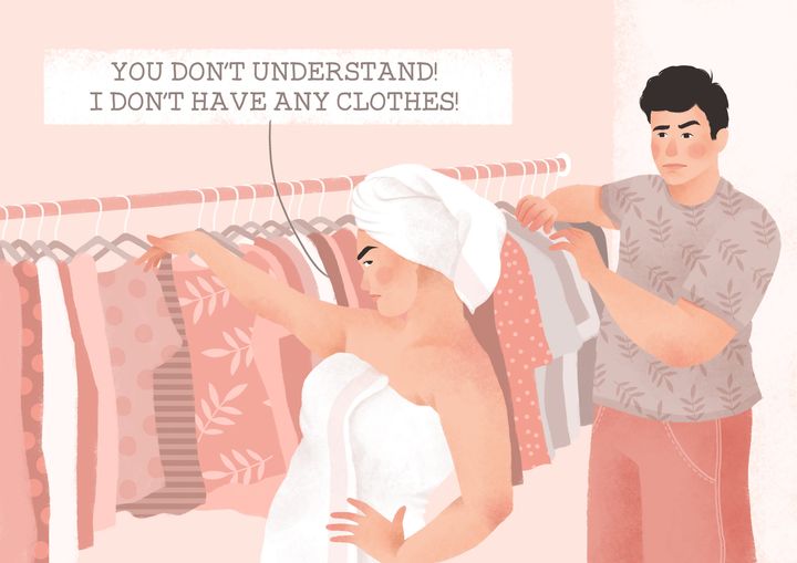 "Ugh, I have NO clothes." A woman stands before a closet filled with her clothing, while her partner assesses his scant options in his tiny sliver of space.