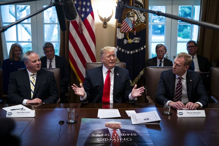 President Donald Trump and acting Interior Secretary David Bernhardt (left) at a meeting in the Cabinet Room of the White House on Jan. 2, the first day Bernhardt was in charge of the department.