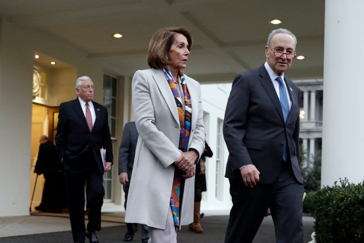 House Democratic leader Nancy Pelosi and Senate Minority Leader Chuck Schumer leave a White House meeting Wednesday with President Donald Trump on border security.