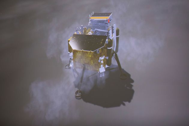 A simulated landing process of Chang’e 4 lunar probe is seen through the monitor at Beijing Aerospace Control Centre