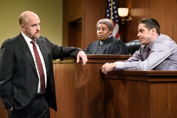 Host Louis C.K. as the lawyer, Kenan Thompson as a judge, and Pete Davidson as a witness during 'The Lawyer' sketch on "Saturday Night Live," April 8, 2017.