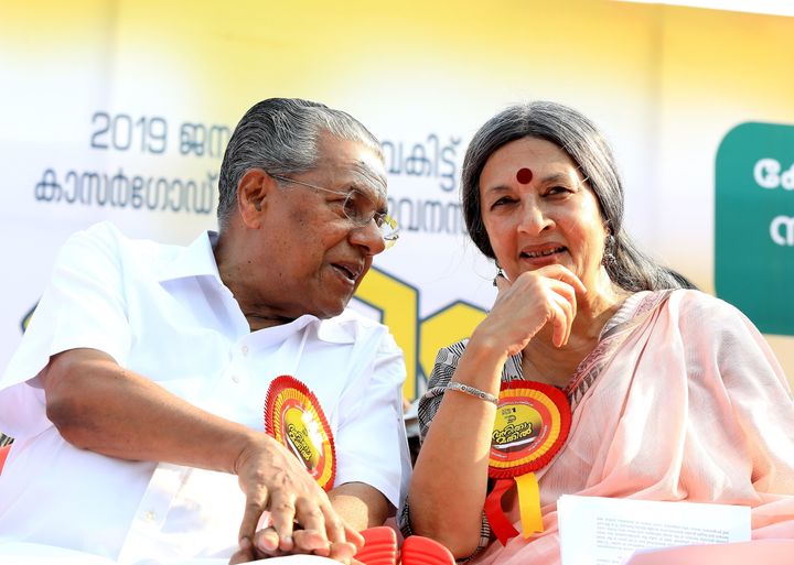 Communist Party of India (Marxist) Politburo member Brinda Karat with Kerala Chief Minister Pinarayi Vijayan at the official launch ceremony of the Women's Wall in Trivandrum on January 1.