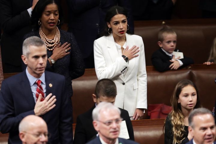 Rep. Alexandria Ocasio-Cortez takes the oath during the first session of the 116th Congress at the U.S. Capitol on Jan. 3, 2019.
